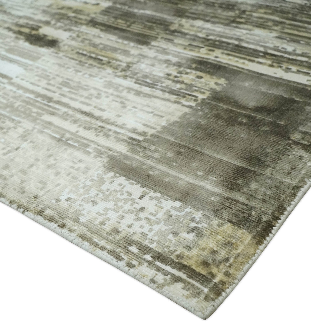 Modern Abstract Shades of olive and Silver 5x8 Viscose Area Rug - The Rug Decor