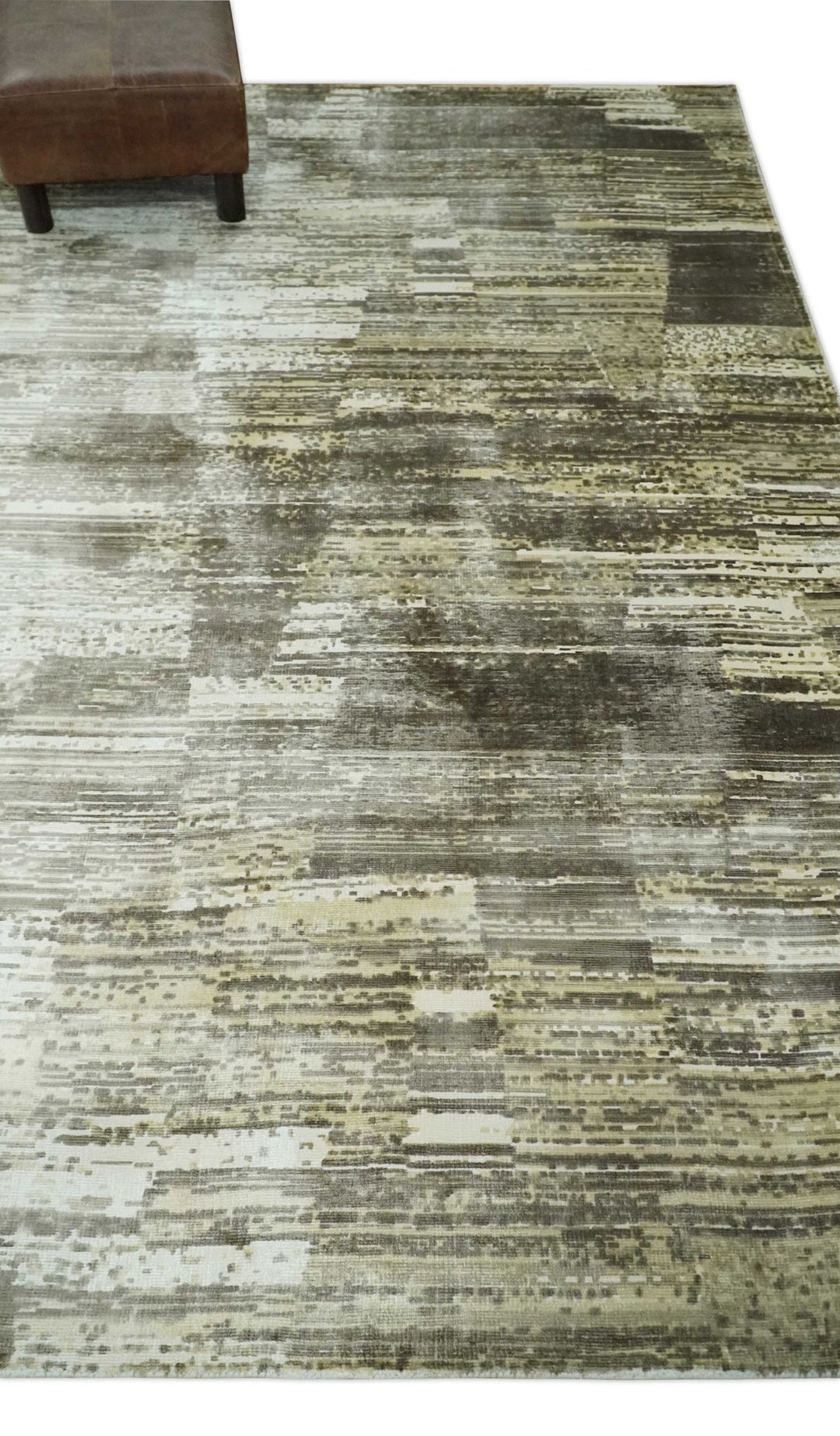 Modern Abstract Shades of olive and Silver 5x8 Viscose Area Rug - The Rug Decor