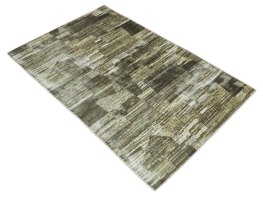 Modern Abstract Shades of olive and Silver 5x8 Viscose Area Rug - The Rug Decor