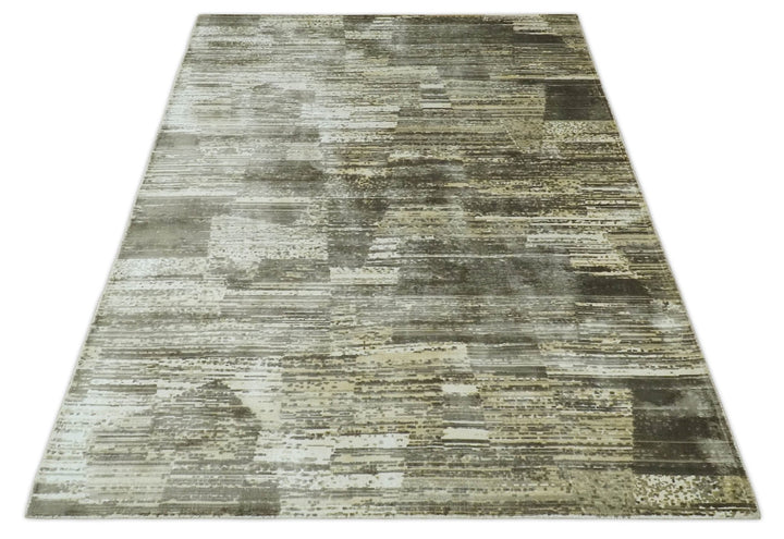 Modern Abstract Shades of olive and Silver 5x8 Viscose Area Rug - The Rug Decor
