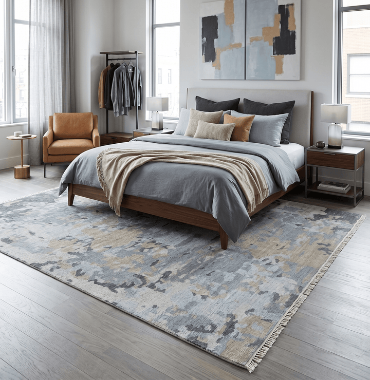 Modern Abstract Silver and Beige Hand Knotted Wool Rug - The Rug Decor