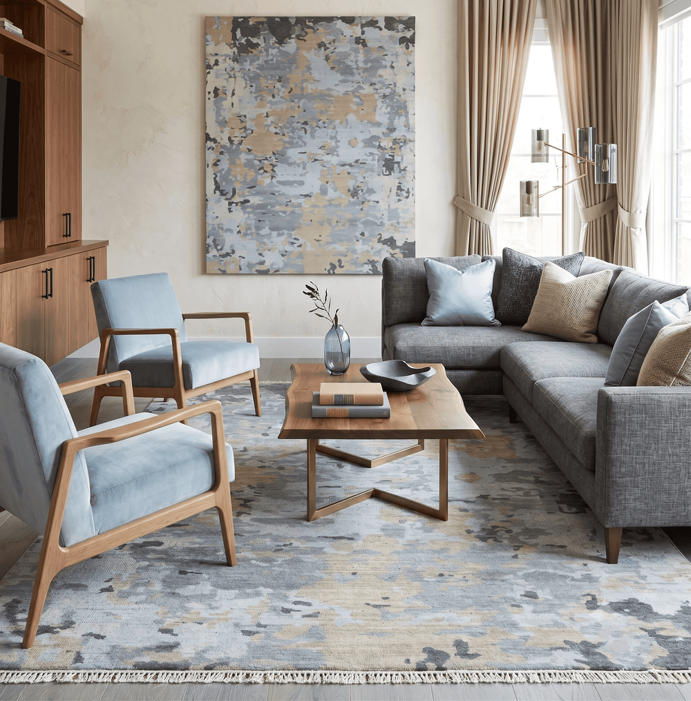 Modern Abstract Silver and Beige Hand Knotted Wool Rug - The Rug Decor