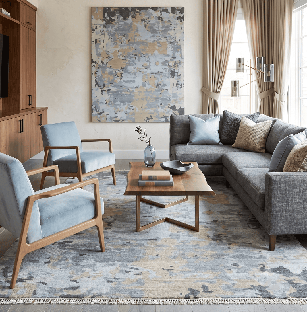 Modern Abstract Silver and Beige Hand Knotted Wool Rug - The Rug Decor