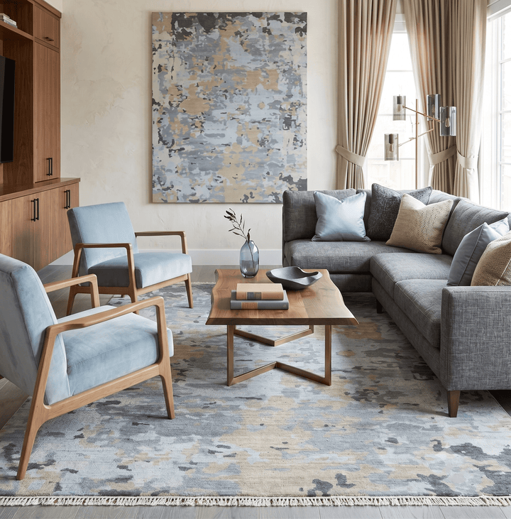 Modern Abstract Silver and Beige Hand Knotted Wool Rug - The Rug Decor