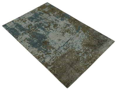 Modern Abstract Silver, Gray, Olive and Tan Hand Knotted 5x8 wool Area Rug - The Rug Decor
