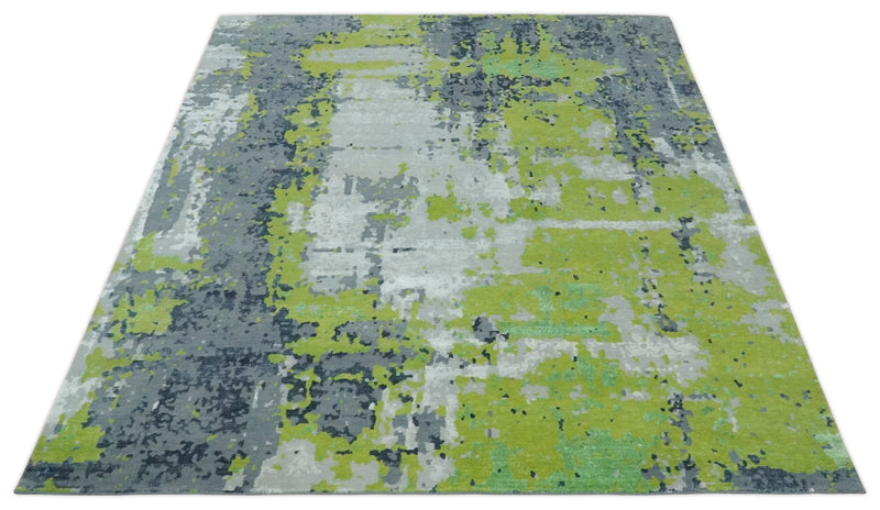 Modern Abstract Silver, Green and Gray Hand Knotted 8x10 Wool and Bamboo Silk Area Rug - The Rug Decor