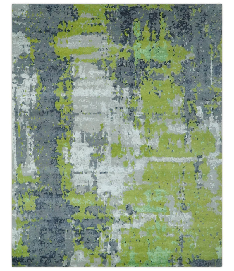 Modern Abstract Silver, Green and Gray Hand Knotted 8x10 Wool and Bamboo Silk Area Rug - The Rug Decor