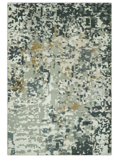 Modern Abstract Silver, Ivory, Charcoal and Olive Hand Knotted 5.6x8 wool Area Rug - The Rug Decor