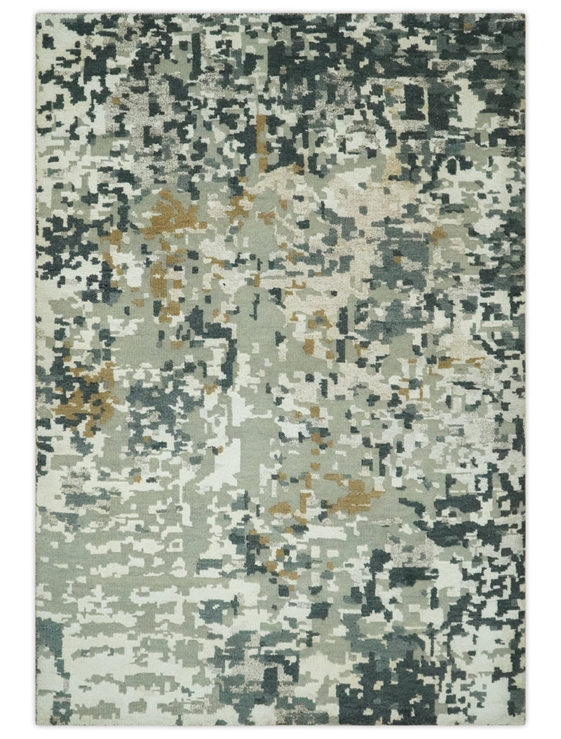 Modern Abstract Silver, Ivory, Charcoal and Olive Hand Knotted 5.6x8 wool Area Rug - The Rug Decor