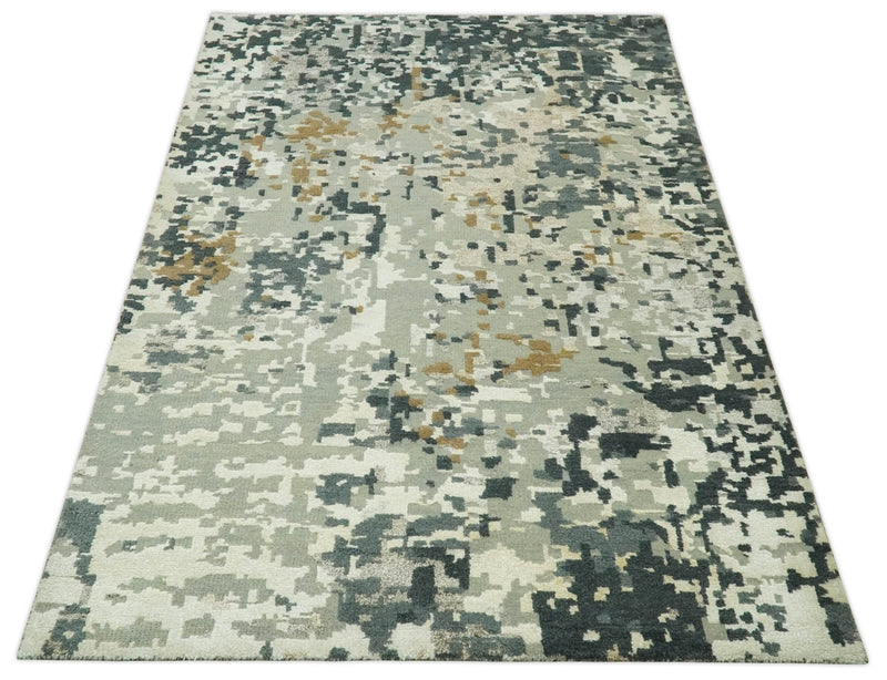 Modern Abstract Silver, Ivory, Charcoal and Olive Hand Knotted 5.6x8 wool Area Rug - The Rug Decor