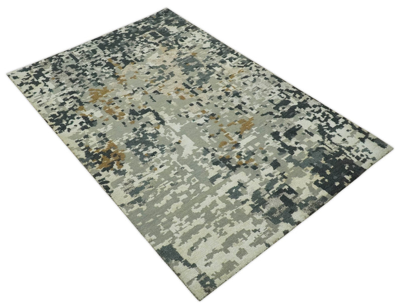 Modern Abstract Silver, Ivory, Charcoal and Olive Hand Knotted 5.6x8 wool Area Rug - The Rug Decor