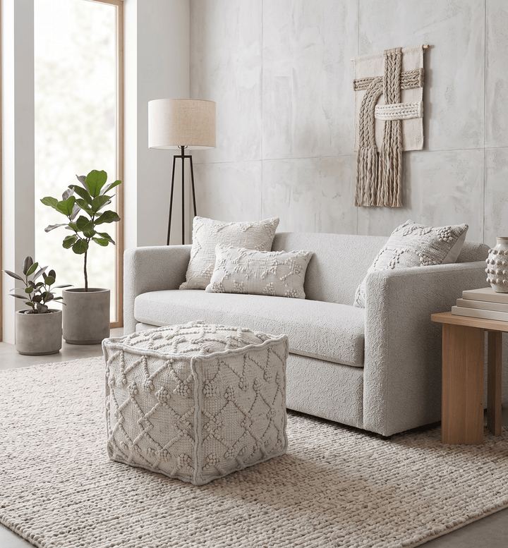 Modern Boho Design Beige Handwoven Wool Pouf - The Rug Decor