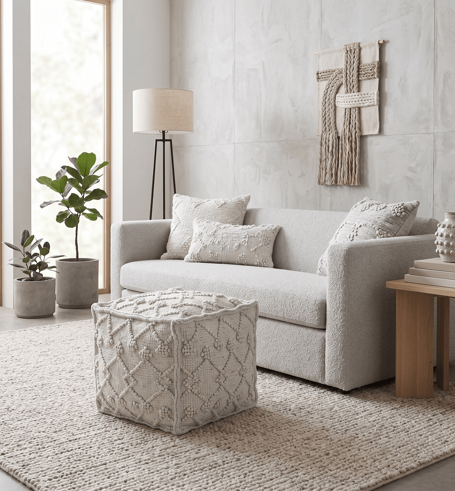 Modern Boho Design Beige Handwoven Wool Pouf - The Rug Decor
