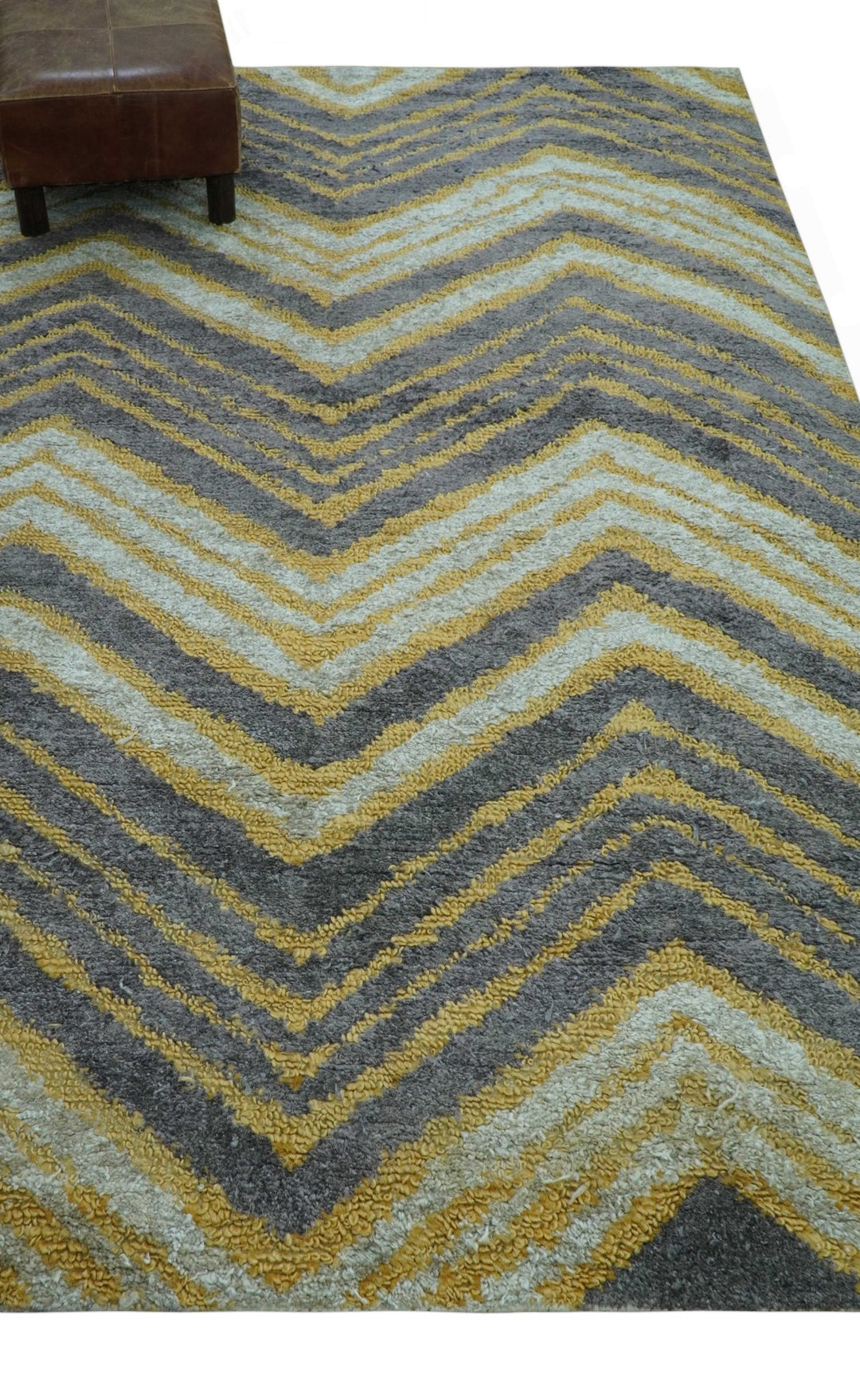 Modern Chevron Design Gold And Beige 5.6x8 Hand Knotted Bamboo Silk Area Rug - The Rug Decor