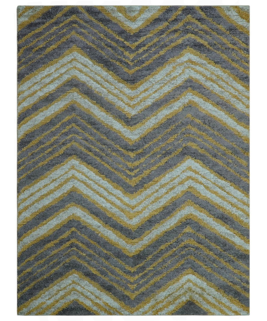 Modern Chevron Design Gold And Beige 5.6x8 Hand Knotted Bamboo Silk Area Rug - The Rug Decor