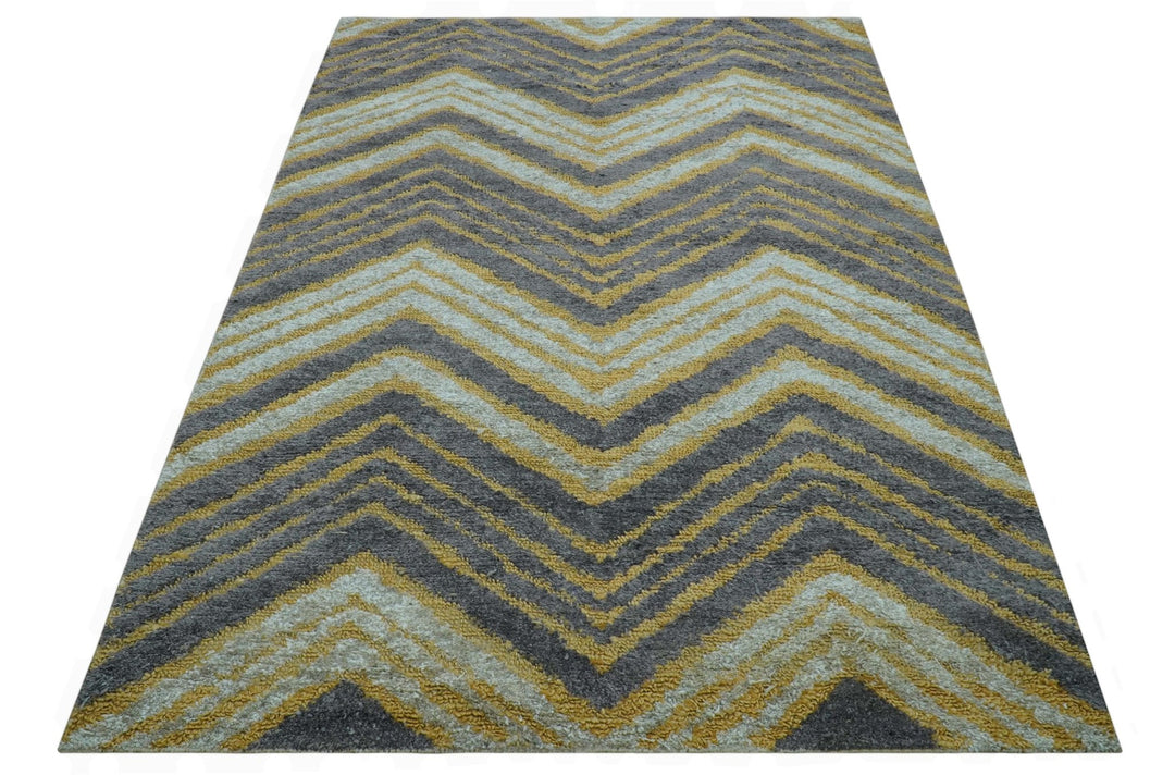 Modern Chevron Design Gold And Beige 5.6x8 Hand Knotted Bamboo Silk Area Rug - The Rug Decor
