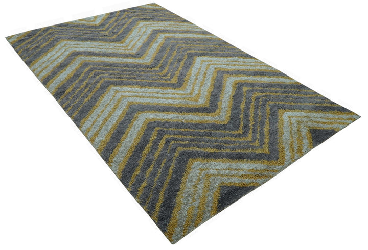 Modern Chevron Design Gold And Beige 5.6x8 Hand Knotted Bamboo Silk Area Rug - The Rug Decor