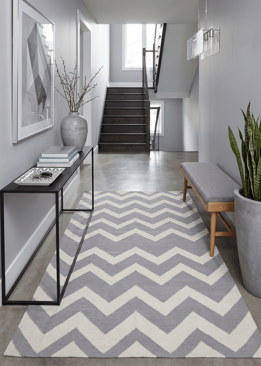 Modern Chevron Gray and Beige Dhurrie Wool Polyester 5x8 Rug - The Rug Decor