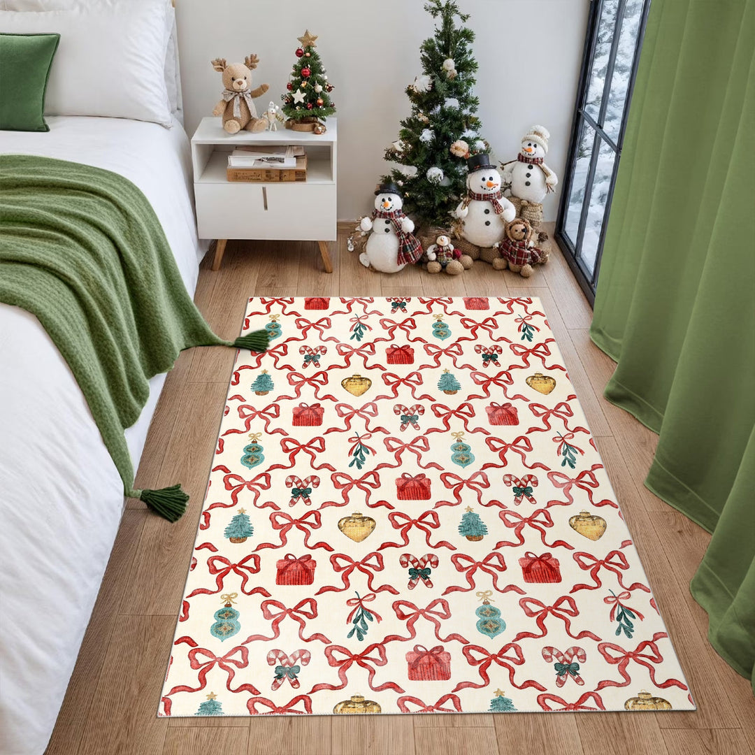 Modern Christmas Machine Washable White And Red Cotton Area Rug - The Rug Decor