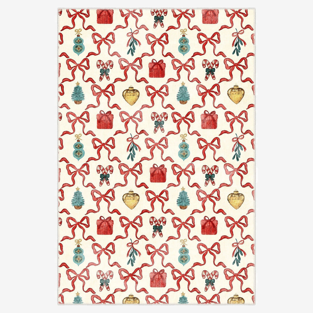 Modern Christmas Machine Washable White And Red Cotton Area Rug - The Rug Decor