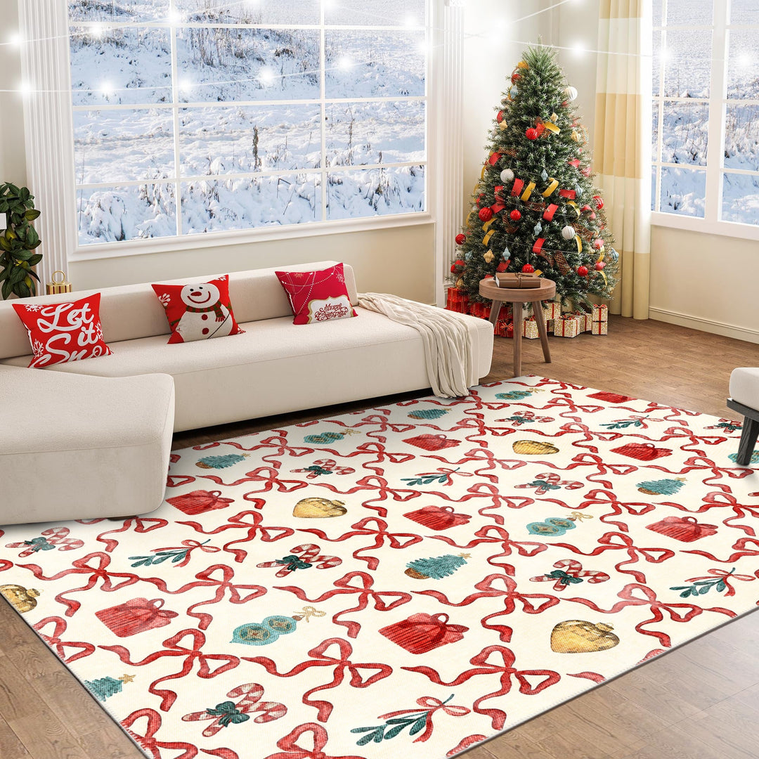 Modern Christmas Machine Washable White And Red Cotton Area Rug - The Rug Decor