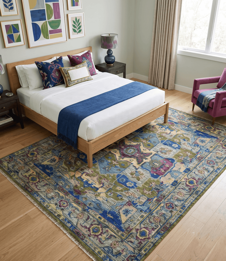 Modern Colorful Moss Green, Blue and Silver Traditional Turkish Design Heriz Wool Area Rug - The Rug Decor
