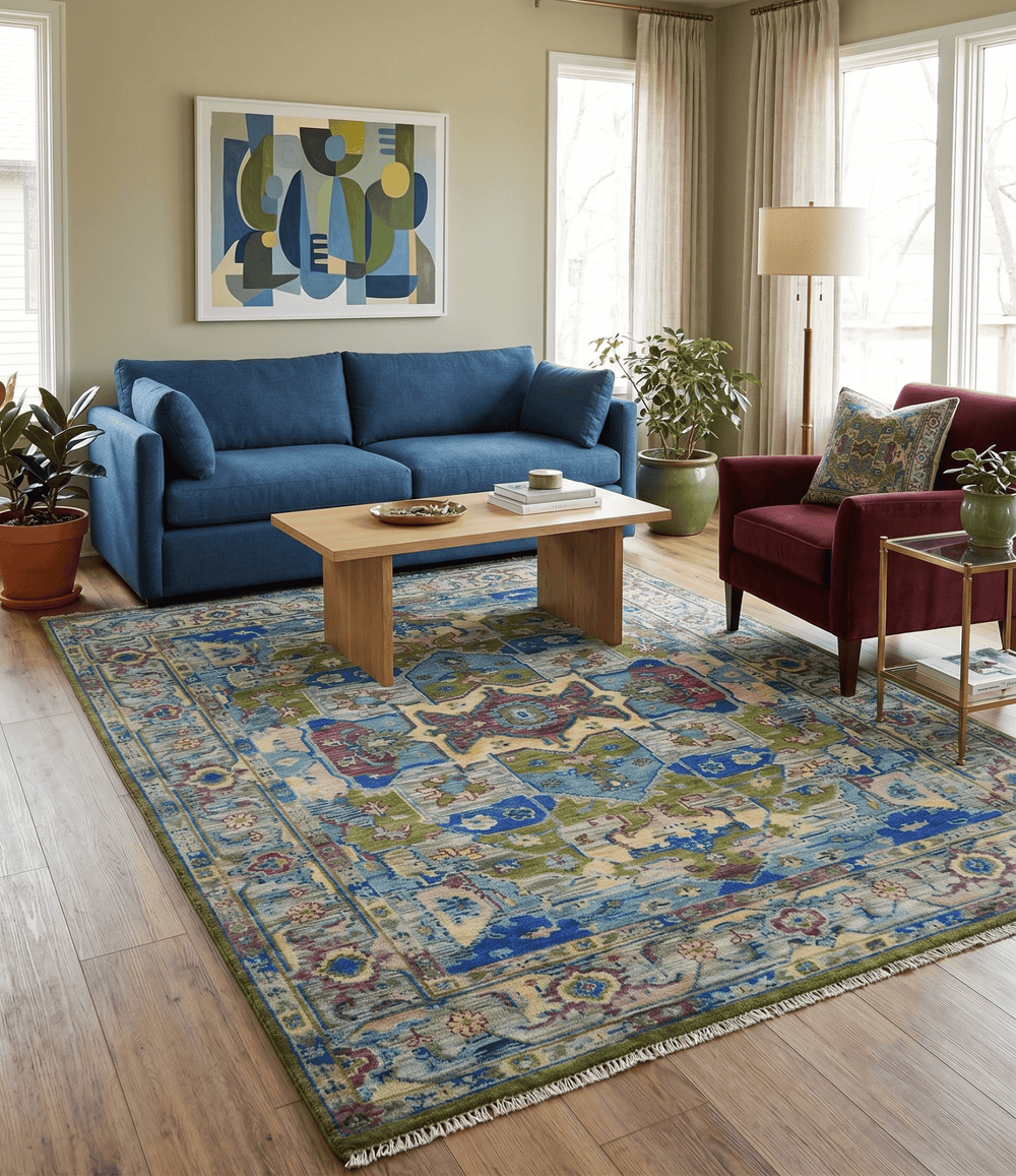Modern Colorful Moss Green, Blue and Silver Traditional Turkish Design Heriz Wool Area Rug - The Rug Decor