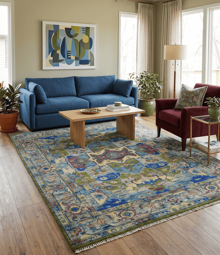 Modern Colorful Moss Green, Blue and Silver Traditional Turkish Design Heriz Wool Area Rug - The Rug Decor