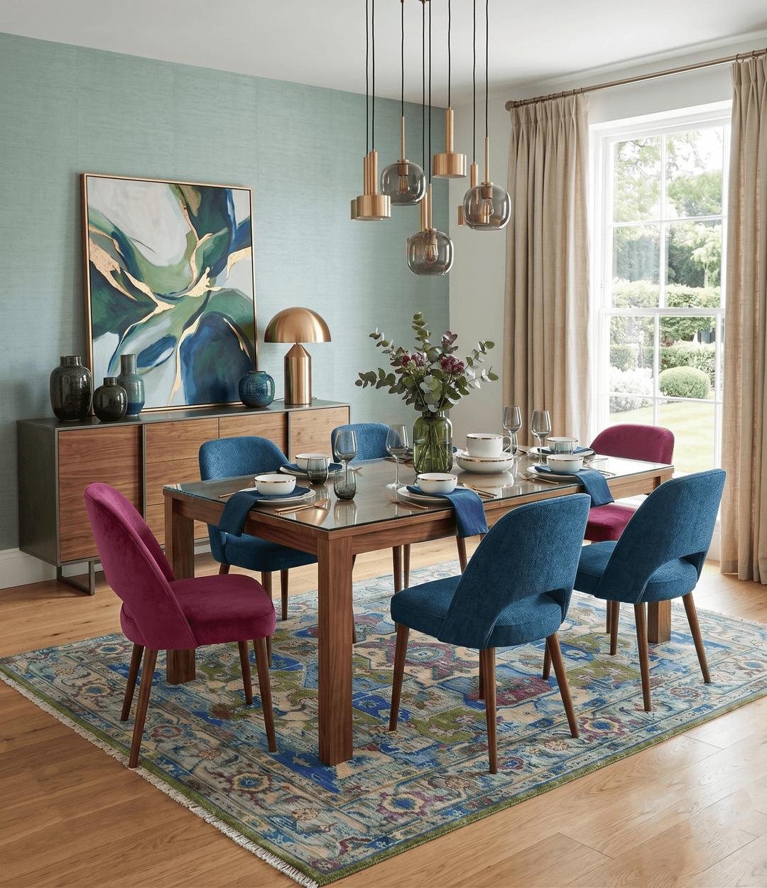 Modern Colorful Moss Green, Blue and Silver Traditional Turkish Design Heriz Wool Area Rug - The Rug Decor