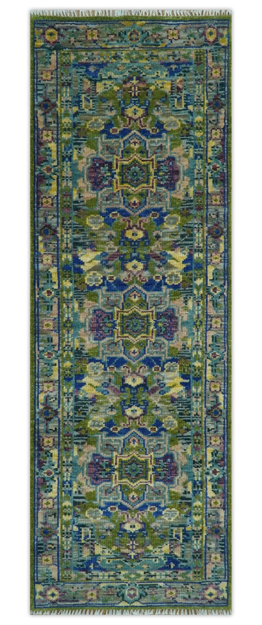 Modern Colorful Moss Green, Blue and Silver Traditional Turkish Design Heriz Wool Area Rug - The Rug Decor