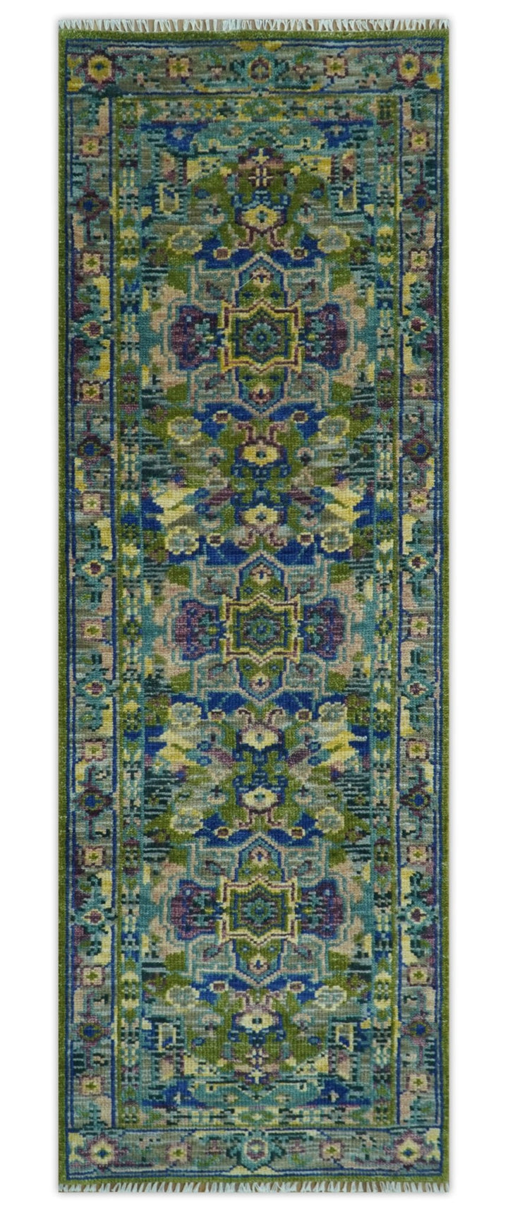 Modern Colorful Moss Green, Blue and Silver Traditional Turkish Design Heriz Wool Area Rug - The Rug Decor