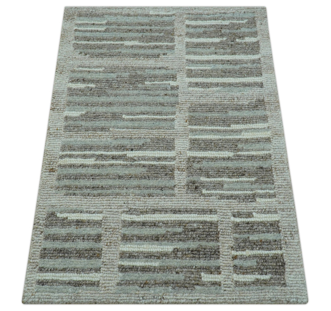 Modern Contemporary Beige And Gray Hand Knotted 2x3 Wool Area Rug - The Rug Decor