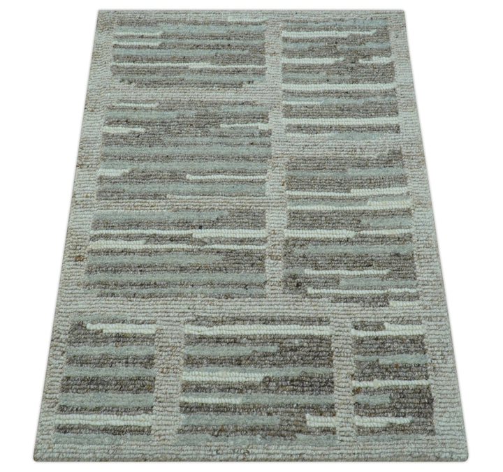 Modern Contemporary Beige And Gray Hand Knotted 2x3 Wool Area Rug - The Rug Decor
