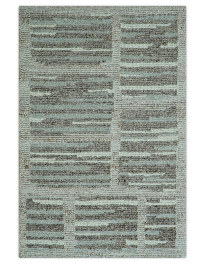 Modern Contemporary Beige And Gray Hand Knotted 2x3 Wool Area Rug - The Rug Decor