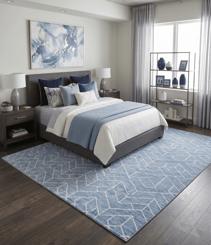 Quick Ship Modern Contemporary Blue And White Hand Tufted 5x8 Wool Rug