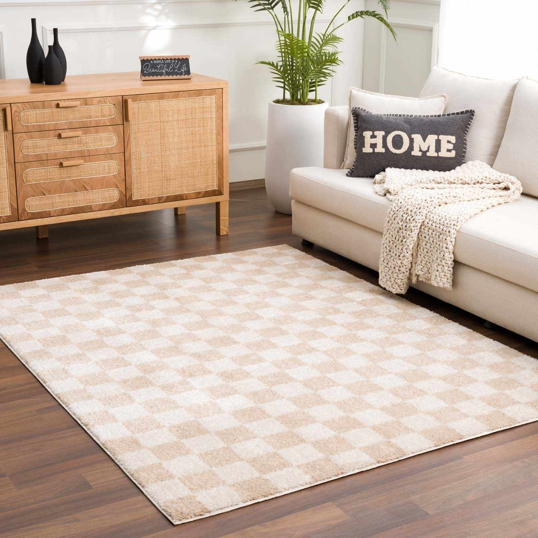 Modern Contemporary Camel and Beige Checked Texture High Pile Washable Area Rug - The Rug Decor