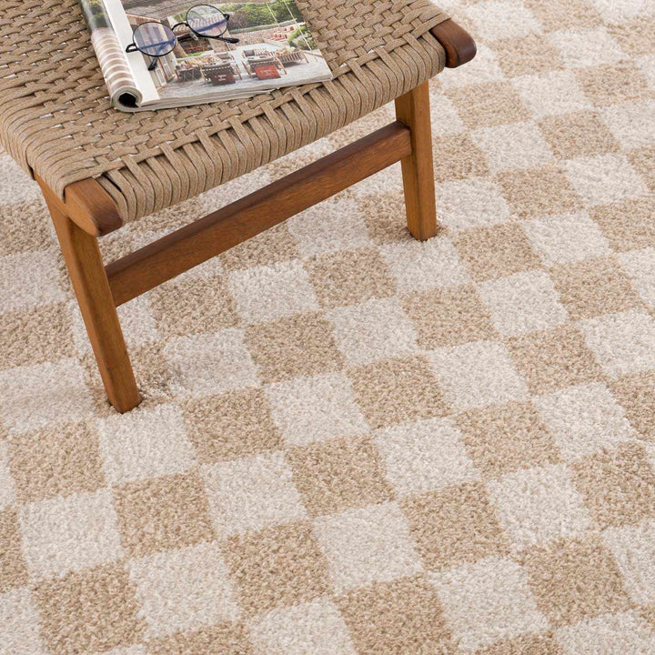 Modern Contemporary Camel and Beige Checked Texture High Pile Washable Area Rug - The Rug Decor