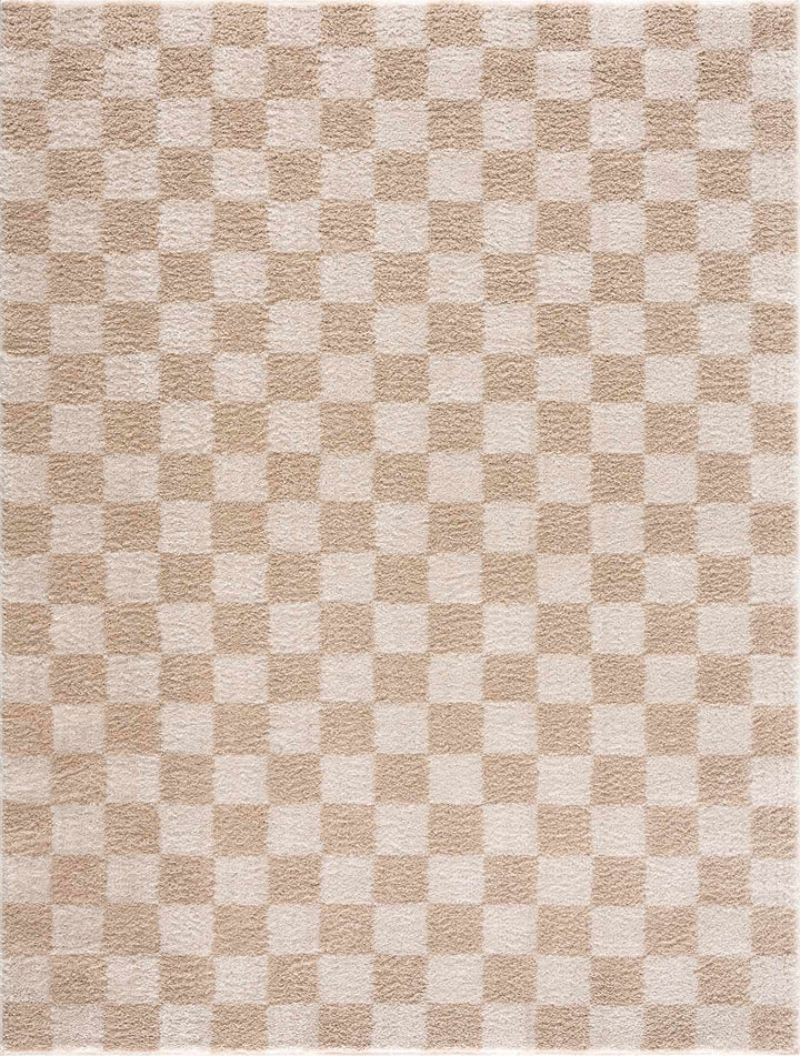 Modern Contemporary Camel and Beige Checked Texture High Pile Washable Area Rug - The Rug Decor