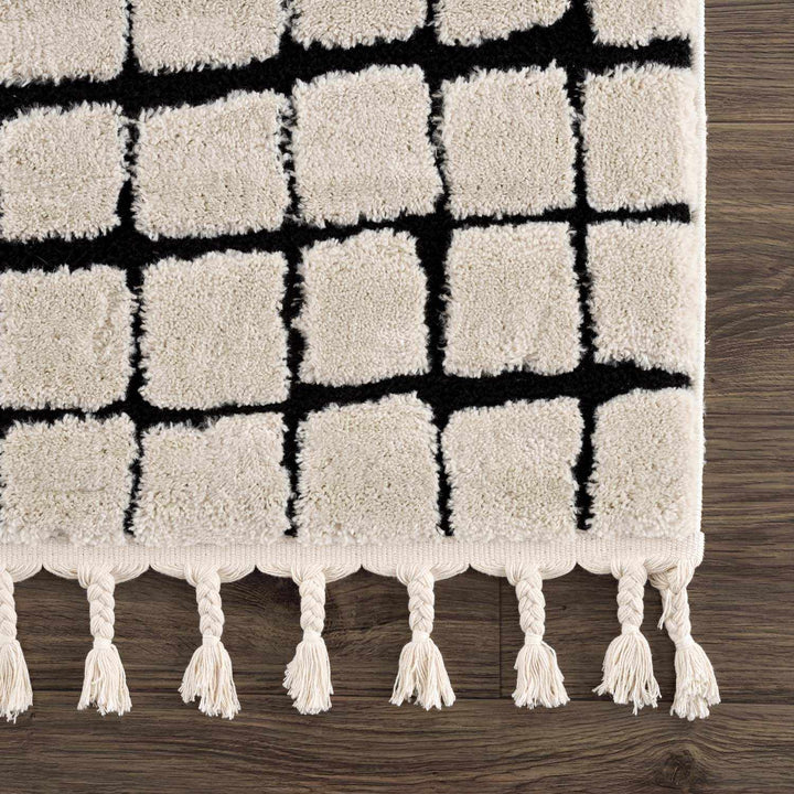 Modern Contemporary Ivory and Black Checked Texture High Pile Machine Woven Area Rug - The Rug Decor