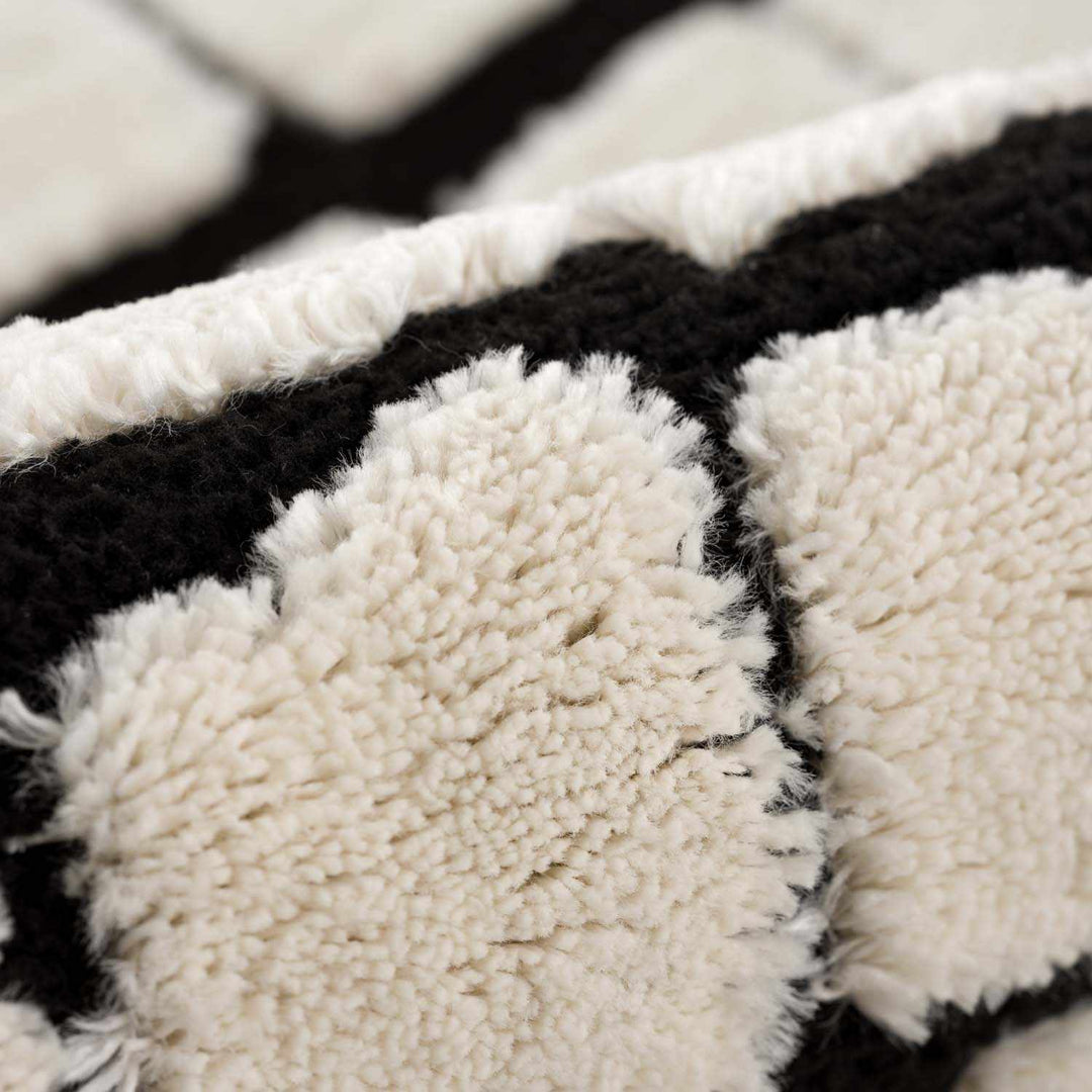 Modern Contemporary Ivory and Black Checked Texture High Pile Machine Woven Area Rug - The Rug Decor