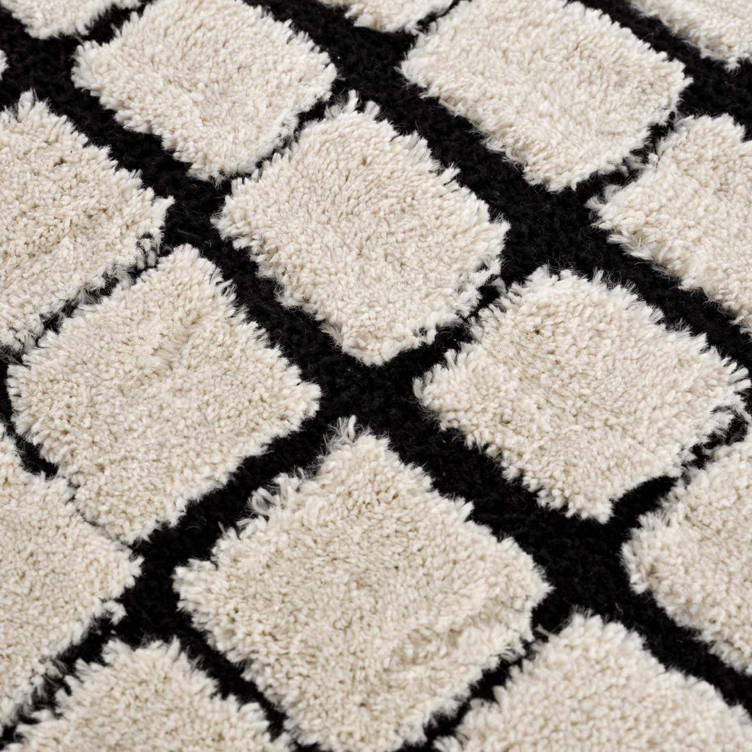 Modern Contemporary Ivory and Black Checked Texture High Pile Machine Woven Area Rug - The Rug Decor