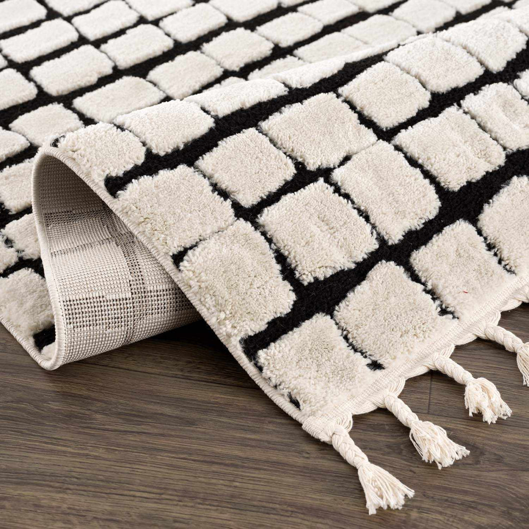 Modern Contemporary Ivory and Black Checked Texture High Pile Machine Woven Area Rug - The Rug Decor