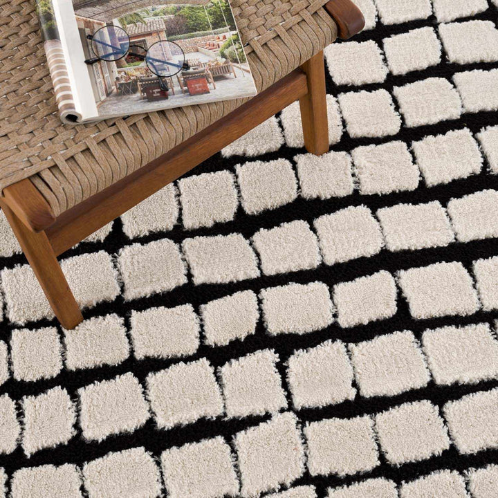 Modern Contemporary Ivory and Black Checked Texture High Pile Machine Woven Area Rug - The Rug Decor