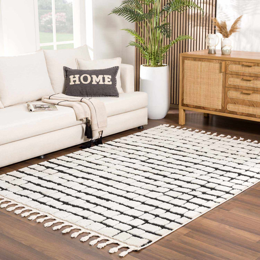 Modern Contemporary Ivory and Black Checked Texture High Pile Machine Woven Area Rug - The Rug Decor