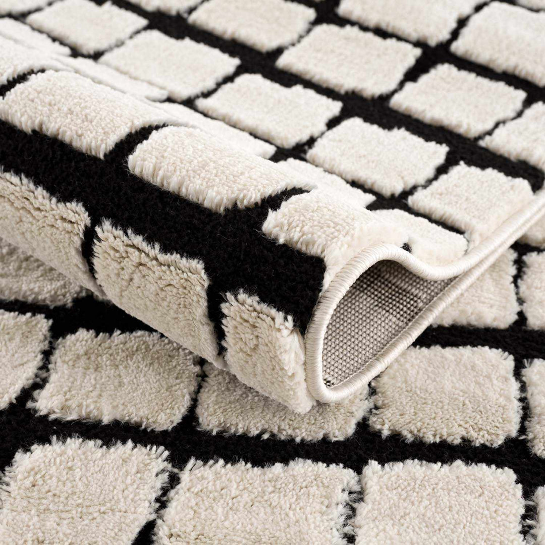 Modern Contemporary Ivory and Black Checked Texture High Pile Machine Woven Area Rug - The Rug Decor