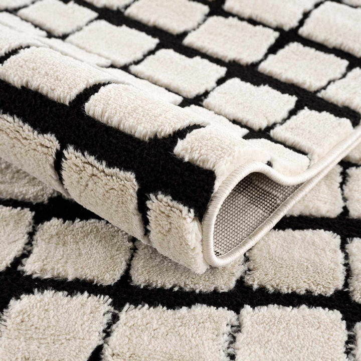 Modern Contemporary Ivory and Black Checked Texture High Pile Machine Woven Area Rug - The Rug Decor