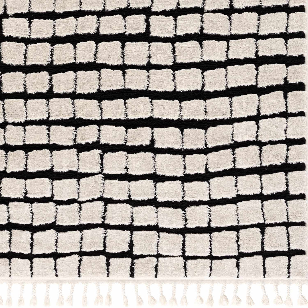 Modern Contemporary Ivory and Black Checked Texture High Pile Machine Woven Area Rug - The Rug Decor
