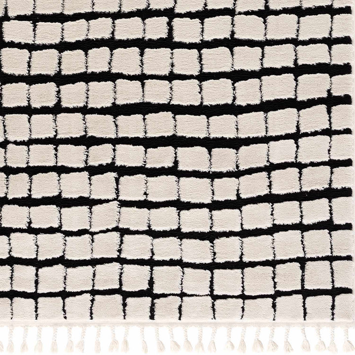 Modern Contemporary Ivory and Black Checked Texture High Pile Machine Woven Area Rug - The Rug Decor