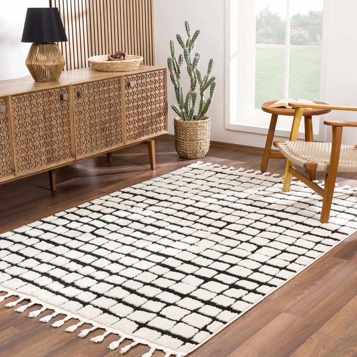 Modern Contemporary Ivory and Black Checked Texture High Pile Machine Woven Area Rug - The Rug Decor
