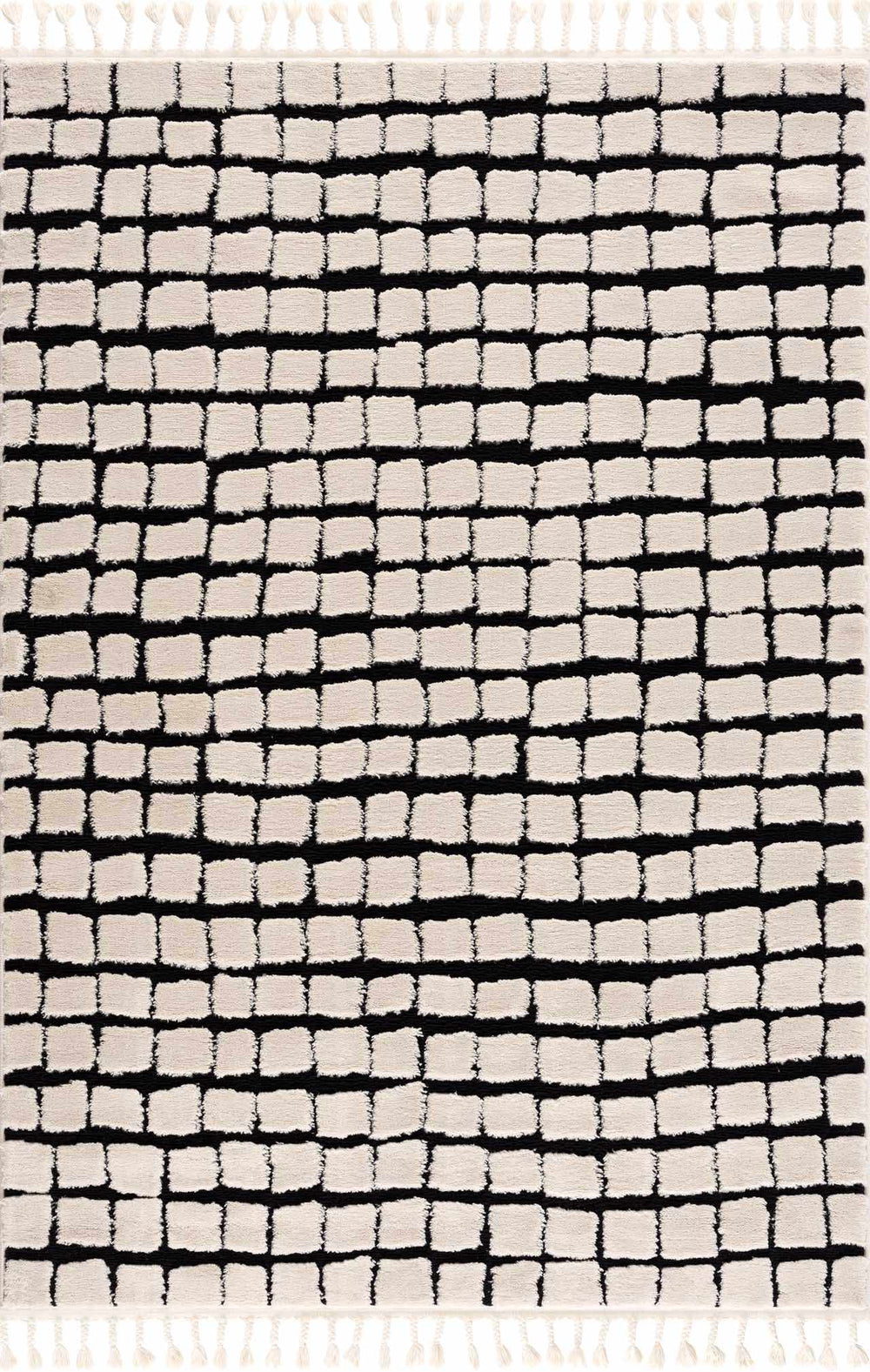 Modern Contemporary Ivory and Black Checked Texture High Pile Machine Woven Area Rug - The Rug Decor